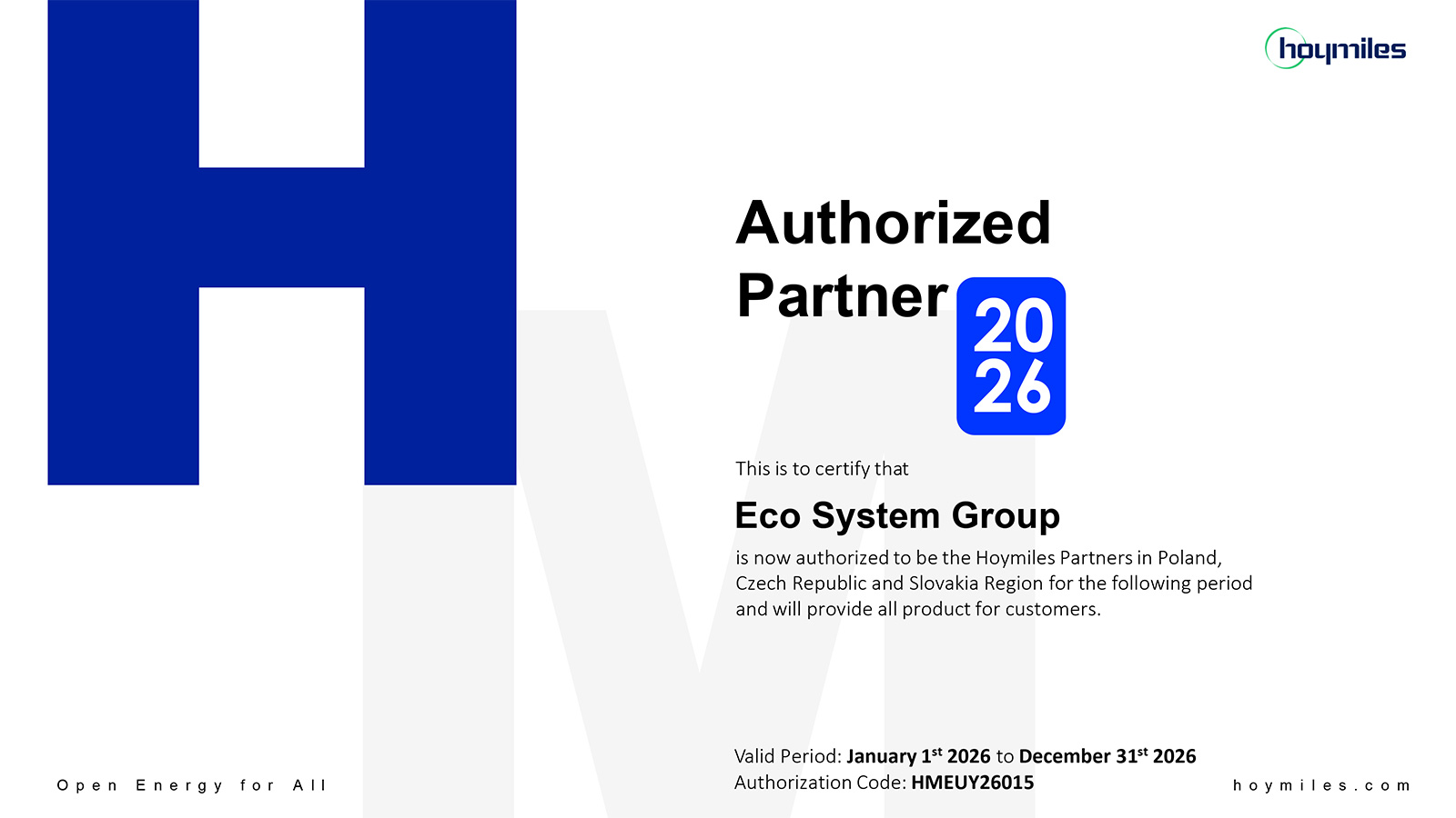 Certyfikat autoryzowanego partnera Hoymiles