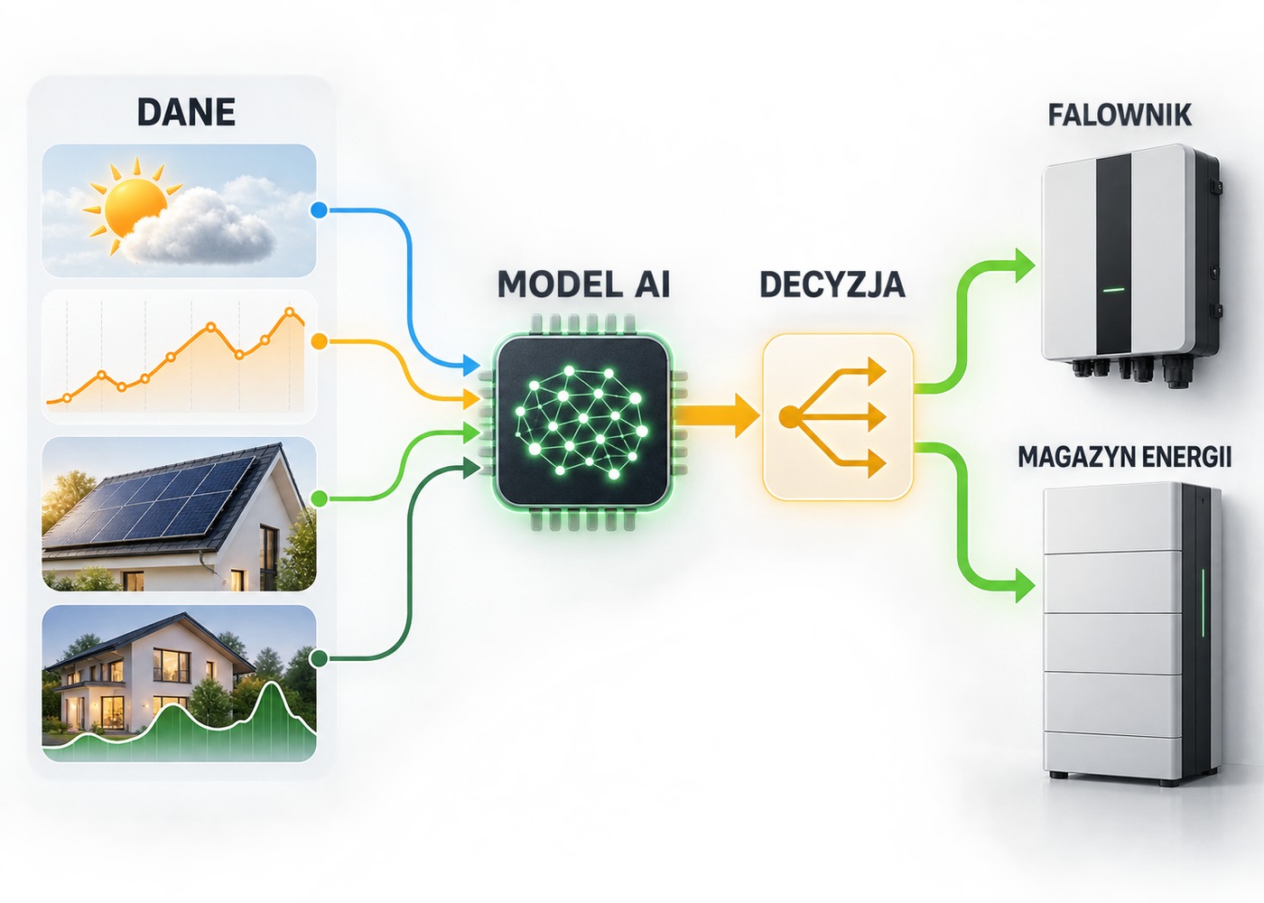 Schemat działania Solcare EMS: dane, model AI, decyzja, falownik i magazyn energii